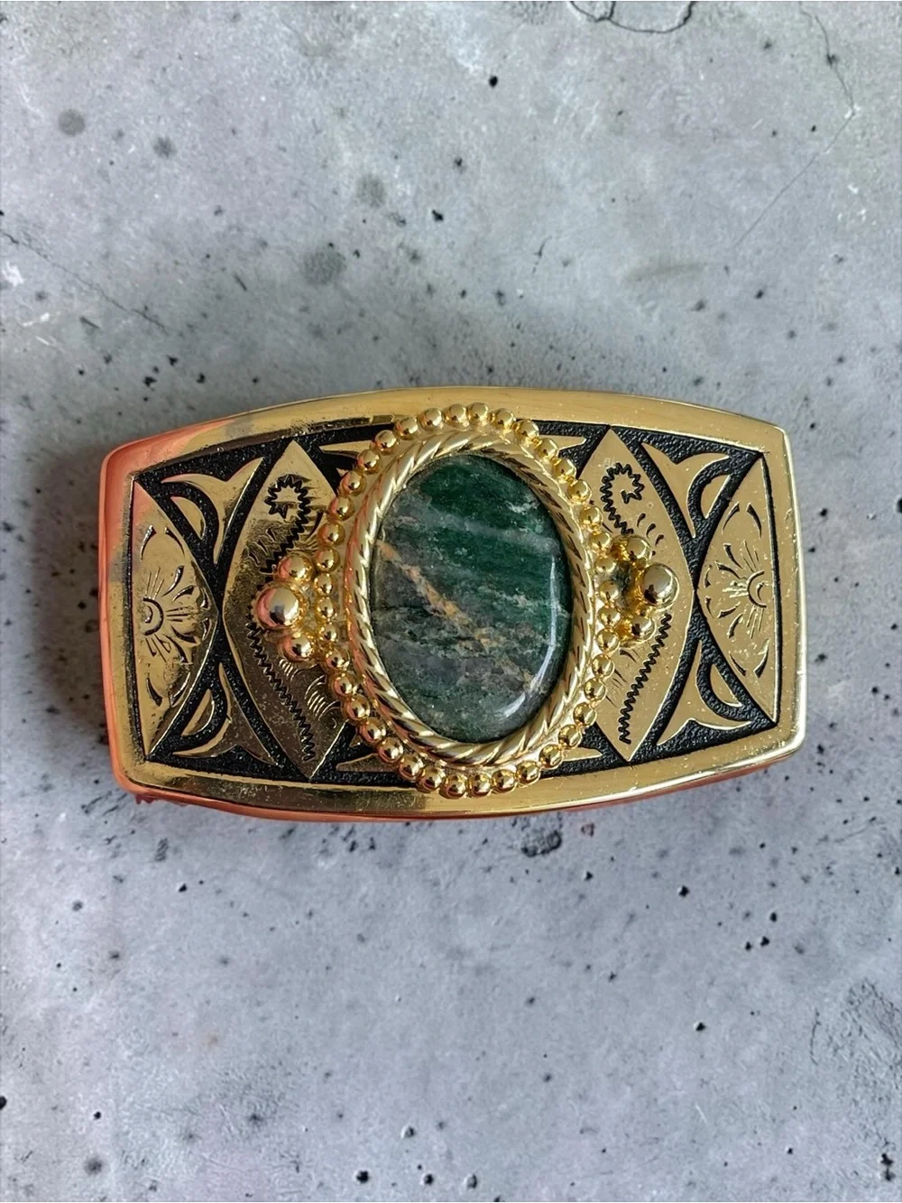 Vintage Aventurine Agate Cabochon Engraved Gold Tone Belt Buckle